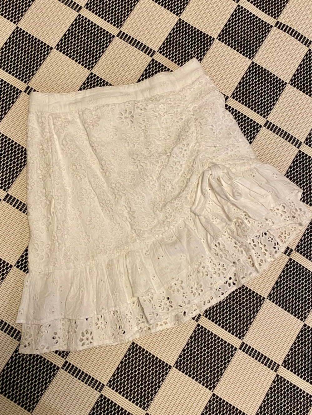 MAJORELLE White Eyelet Asymmetrical Ruffle Mini Skirt